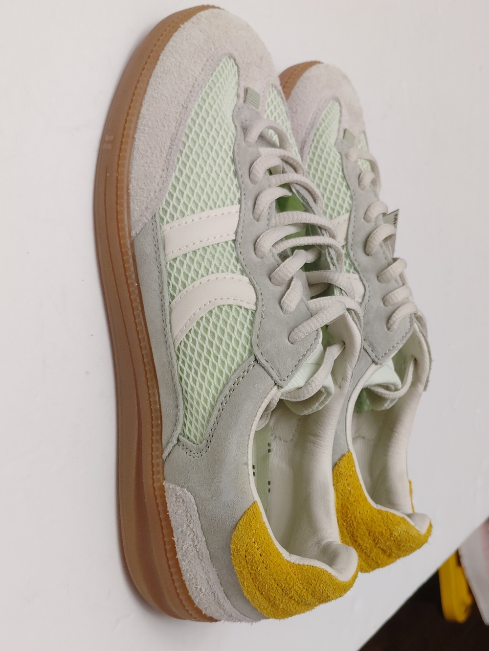 Coolway Light Green and White Suede & Mesh Sneakers with Yellow Heel Accent